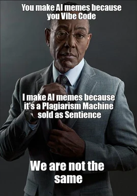 Man in suit pointing and text about AI memes