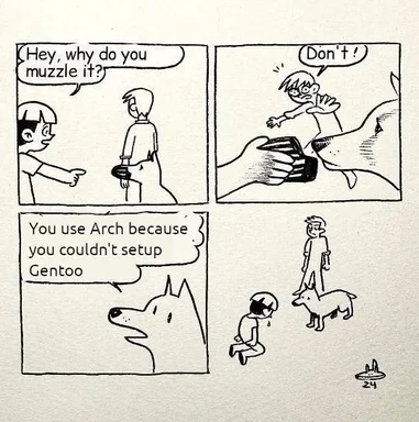 Comic strip about Linux distributions Arch and Gentoo