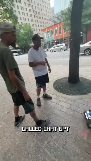 Two men on a sidewalk with text 'CALLED CHAT GPT'