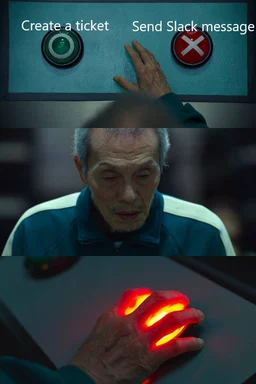 An elderly IT support worker choosing between creating a ticket or sending a Slack message with a humorous reaction