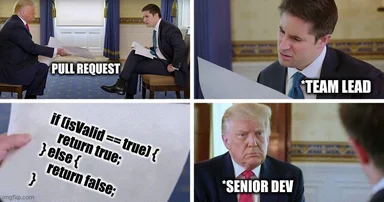 meme about senior dev and team lead discussing pull request