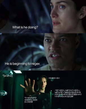 Neo from The Matrix touching a computer screen with regex code