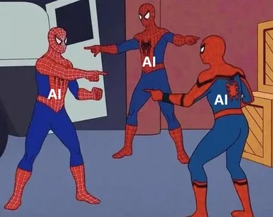 Three Spider-Man characters pointing at each other, labeled AI