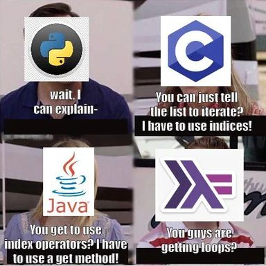 Programming language logos on faces in an office setting