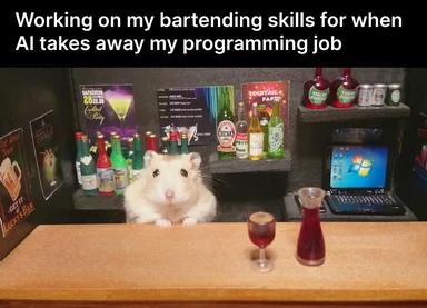 hamster bartender miniature setup with laptop and bottles