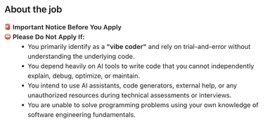 job listing warning against vibe coders and AI-dependent applicants