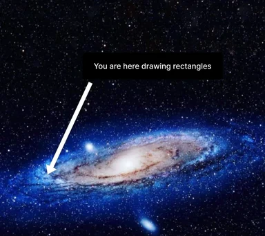 galaxy with arrow pointing to a small part and text 'You are here drawing rectangles'
