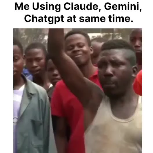 Meme video thumbnail showing a man raising his hand in a crowd with text 'Me Using Claude, Gemini, Chatgpt at same time.'