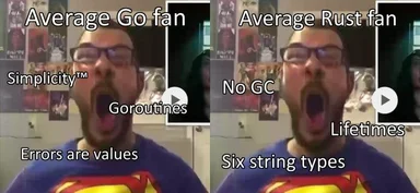 Two side-by-side images of a man with glasses and a blue shirt with a Superman logo, reacting with a shocked expression. One image is labeled 'Average Go fan' and the other 'Average Rust fan', each with different programming-related text overlaid.