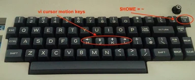 a keyboard with red annotations pointing to vi cursor motion keys and home key
