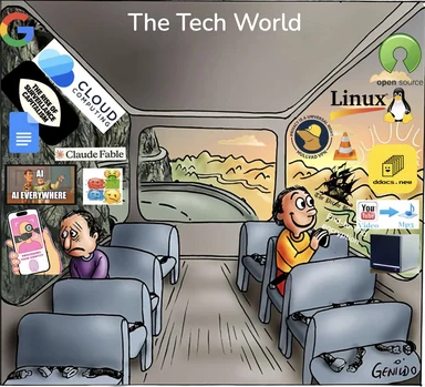 Cartoon of two people on a bus with tech company logos and AI surveillance