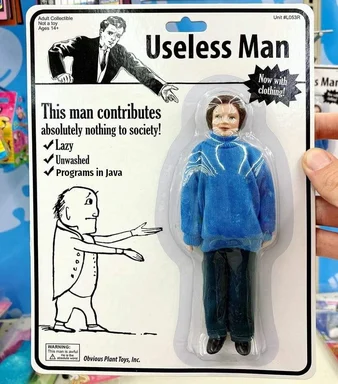 Useless Man action figure in packaging with humorous labels