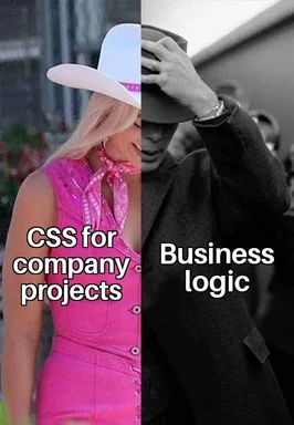 Barbie and Oppenheimer meme comparing CSS for company projects and business logic