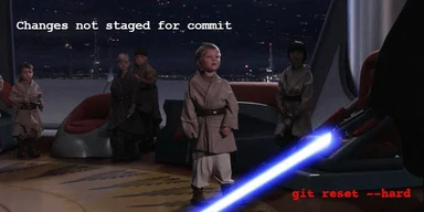 Star Wars kids with a lightsaber and text about git reset