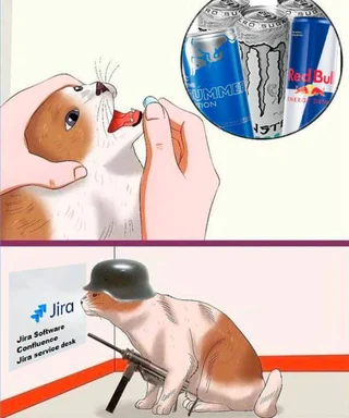 Corgi drinking energy drink and wearing a helmet with a gun in a Jira setting