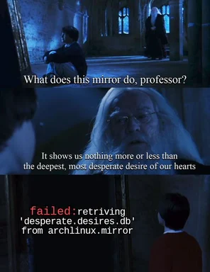 Harry Potter scene with Dumbledore explaining a magic mirror, with a humorous twist about a failed database retrieval