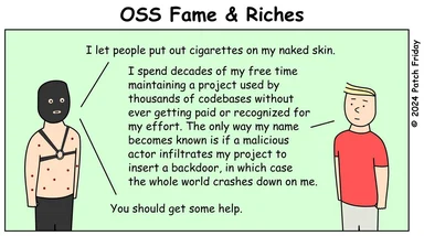 Cartoon of a man with cigarette burns and another man reacting to his story about OSS