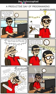 cartoon of a man trying to code but constantly interrupted