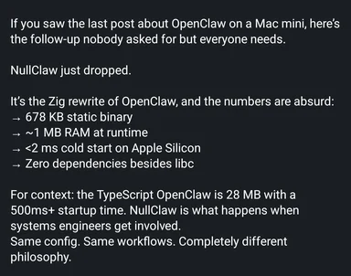NullClaw performance comparison