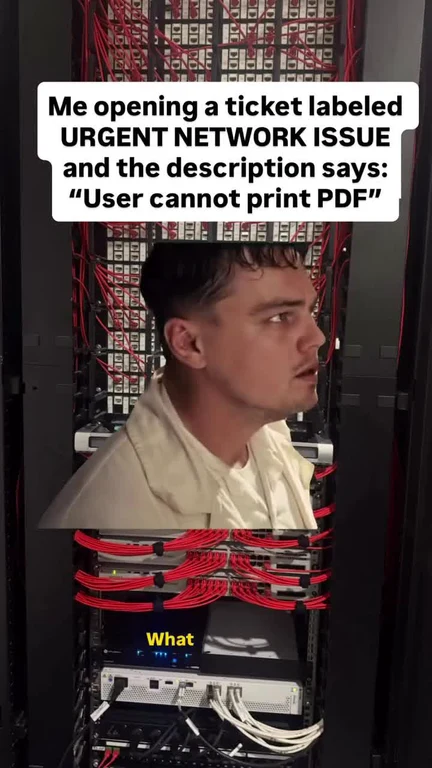 a man looking confused in front of a server rack with a caption about an urgent network issue