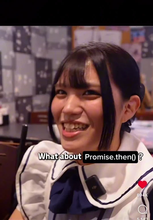 a woman smiling and asking about Promise.then()