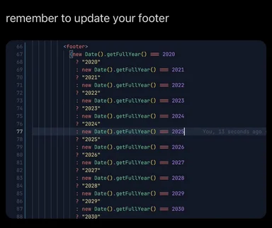 code snippet with outdated year in footer