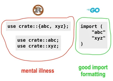 rust vs go import formatting meme