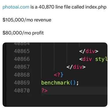 Meme of a large PHP file with revenue and profit figures