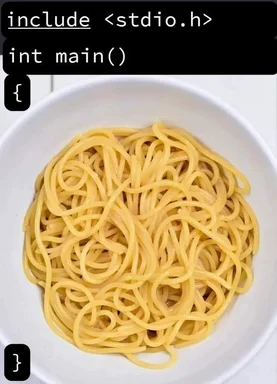 A bowl of spaghetti with a C code snippet above it