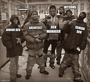 Sepia-toned street gang photo template with IT roles labeled over the group: stakeholders, junior dev, architect, dev