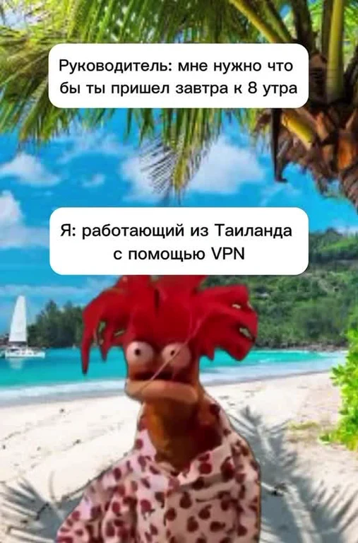 A meme featuring a beach scene with a character from The Muppets, reacting to a boss's request to come into work early, with a caption about working remotely from Thailand using a VPN.