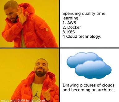 Two-panel reaction meme: top panel rejects spending time learning AWS, Docker, K8S and cloud technology; bottom panel
