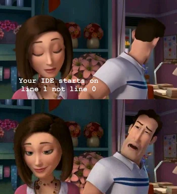 Cartoon characters reacting to an IDE line number joke