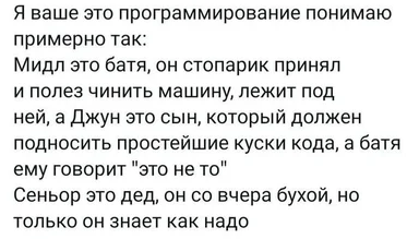 Мем про программирование с шуткой про midl, джун, сеньор и их роли