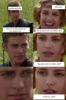 Star Wars meme of Anakin and Padme with game engine developer and game developer labels