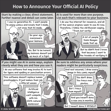 Four-panel black-and-white comic strip titled 'How to Announce Your Official AI Policy' featuring a man in a suit and a woman in a blouse exchanging sarcastic justifications about AI use in speech bubbles.