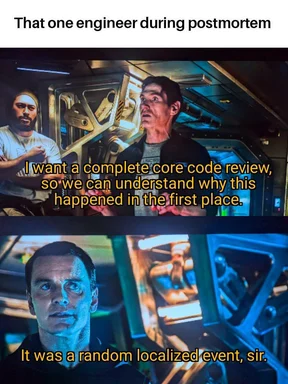 meme of two engineers discussing code review during postmortem