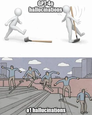 Two-panel comparison meme: top shows a white 3D stick figure tripping over a rake labeled 'GPT-4o hallucinations'; bottom
