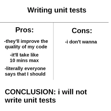 humorous comparison of pros and cons of writing unit tests