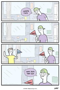 Cartoon of a developer confused by npm and yarn package managers