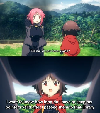 Anime characters discussing pointer validity in programming