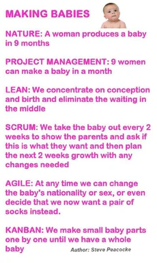 humorous comparison of making babies with project management methodologies