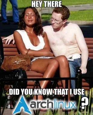 Man sitting with woman on a bench, shirtless, with text about Arch Linux
