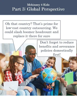 a group of children and a man looking at a globe with speech bubbles