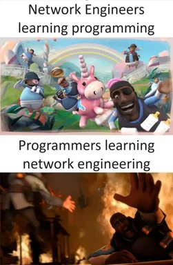 cartoon characters riding unicorns and burning buildings