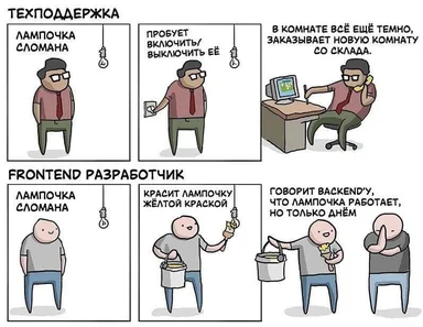 Комикс из двух рядов: техподдержка пытается включить сломанную лампочку и заказывает новую комнату со склада, а фронтенд