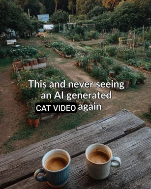 Two coffee cups on a wooden table overlooking a lush garden with text reading 'This and never seeing an AI generated CAT VIDEO again'