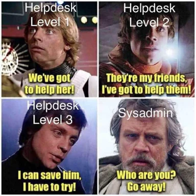 Star Wars characters representing helpdesk levels and sysadmin reaction