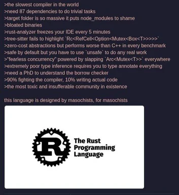The Rust Programming Language logo with a list of humorous complaints about Rust