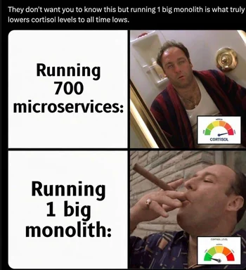 meme comparing cortisol levels running microservices vs monolith